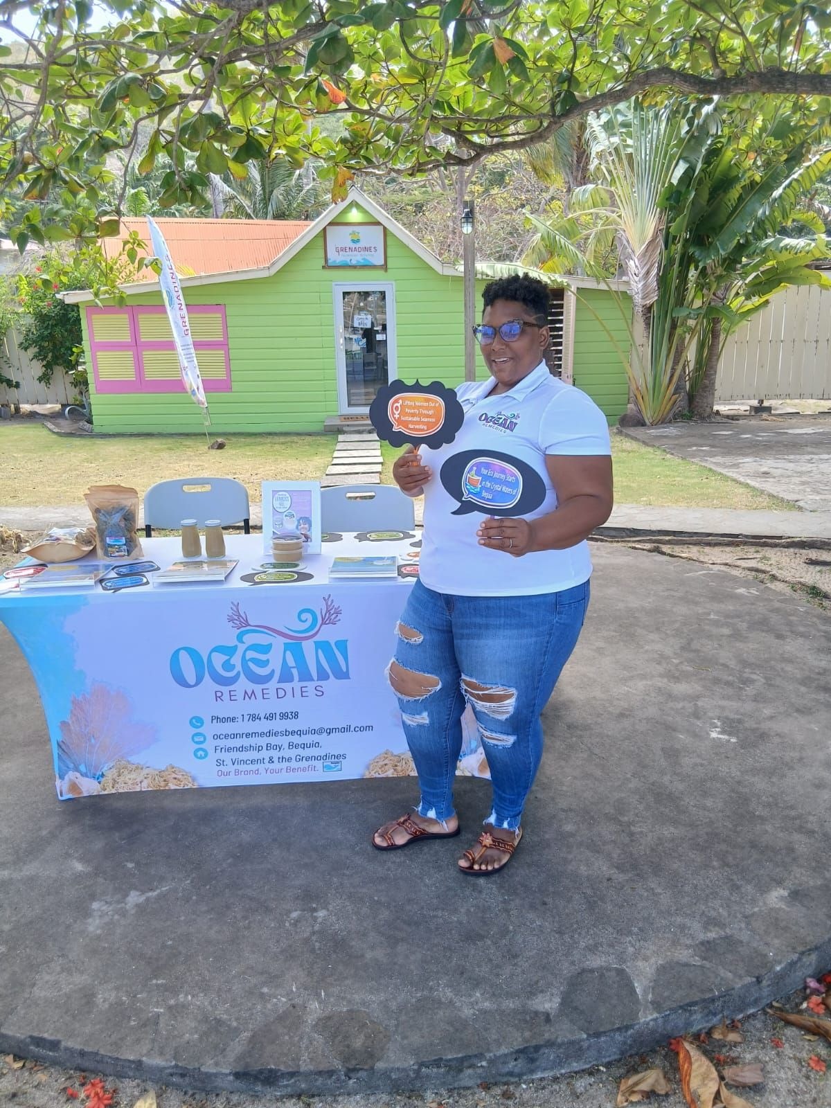 Ocean Remedies founder with sea moss display in Bequia